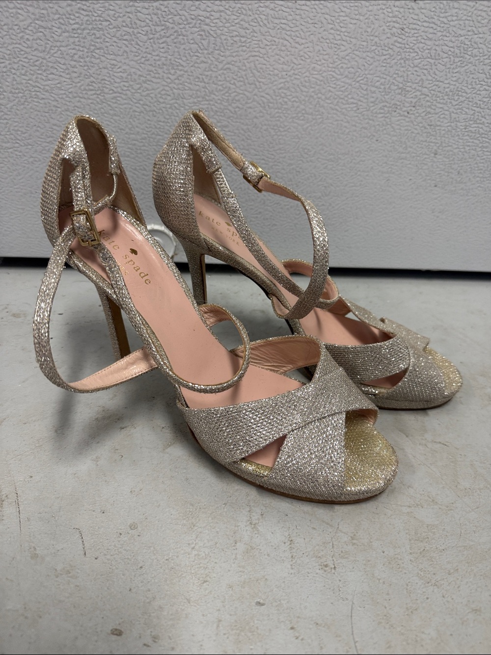 kate spade Metallic Gold Glitter Strappy Stiletto Heels LIKE NEW Size 9.5